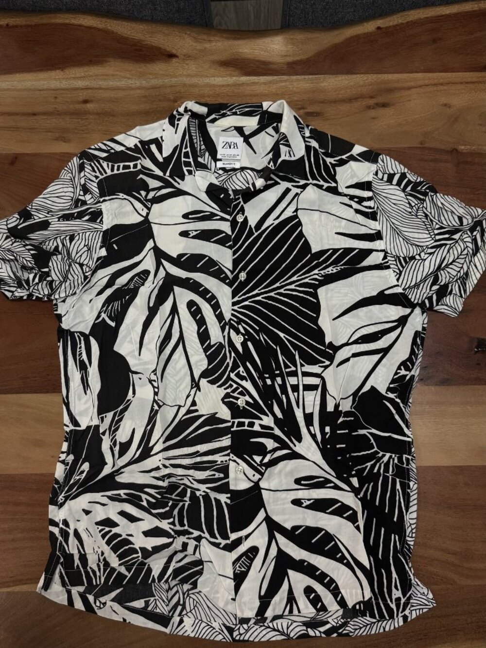 Zara black & cream leaf-print camp shirt – size S